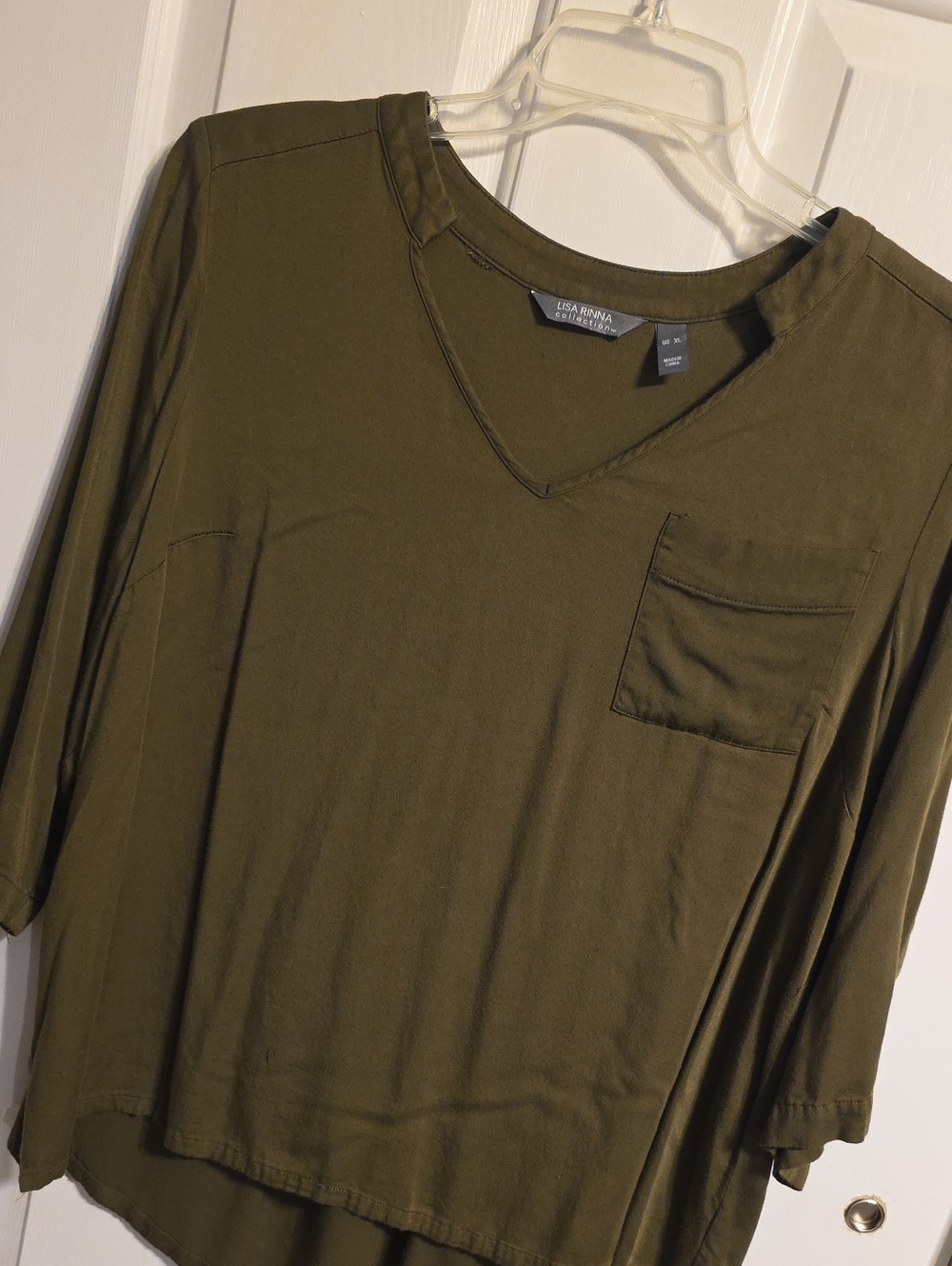 Lisa Rinna Collection Olive Green V-Neck Pocket Long Sleeve Top